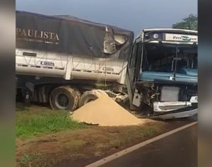 Ônibus da Embrapa colide contra caminhão na PR-445 na Warta