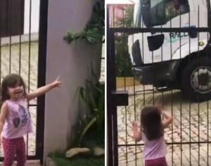 Menina de 2 anos apaixonada por caminhões de lixo viraliza na internet; assista