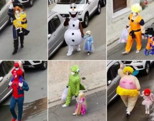 Para se proteger do coronavírus, pai e filha se fantasiam diariamente para retirar o lixo de casa
